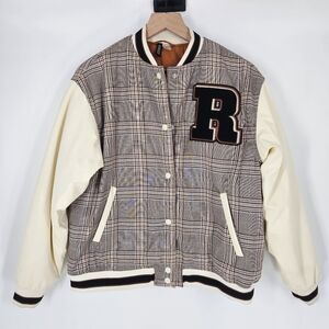 H&M Divided Plaid R Patch Oversized Letterman Bomber Jacket Size XS